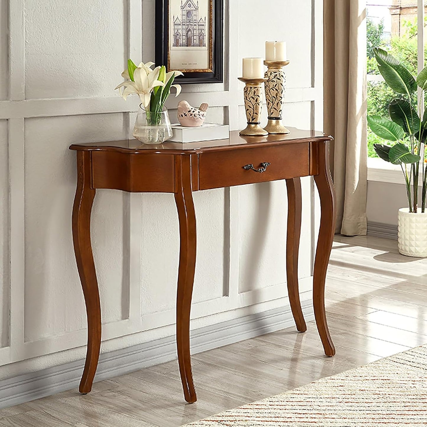 Tavolo Consolle Semicircolare in Legno Massello con Cassetto Marrone 89 x 28 x 80