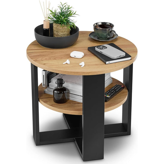 Tavolino Rotondo da Divano con Ripiano a 2 Livelli Design Industriale Nero e Rovere 53