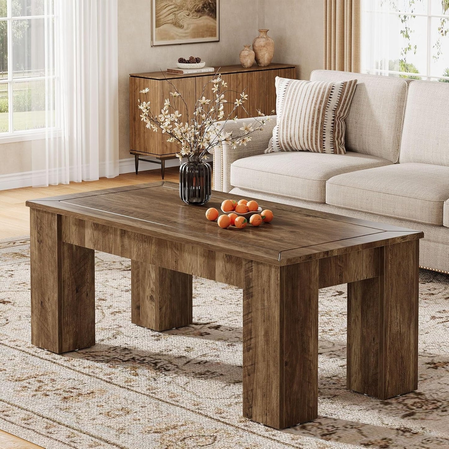 Tavolino da Salotto Rettangolare in Legno Stile Rustico con Gambe Robuste Marrone 120