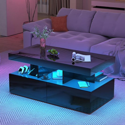 Tavolino da Salotto con Illuminazione LED 2 Cassetti e Vano Aperto Bianco