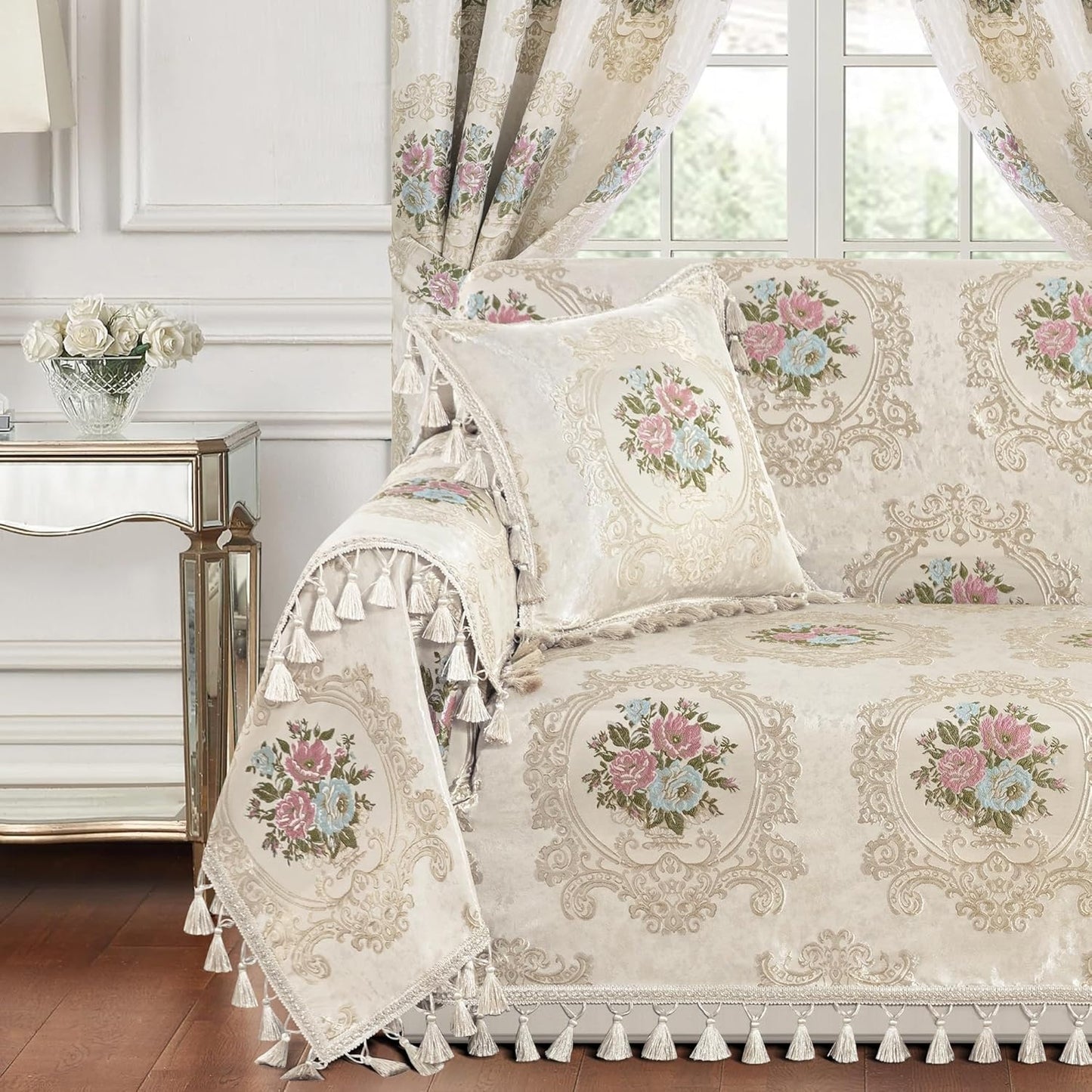 Protezione Jacquard per Divani con Braccioli Compatibile con Due e Tre Posti Fantasia Floreale 180 ¡Á 300